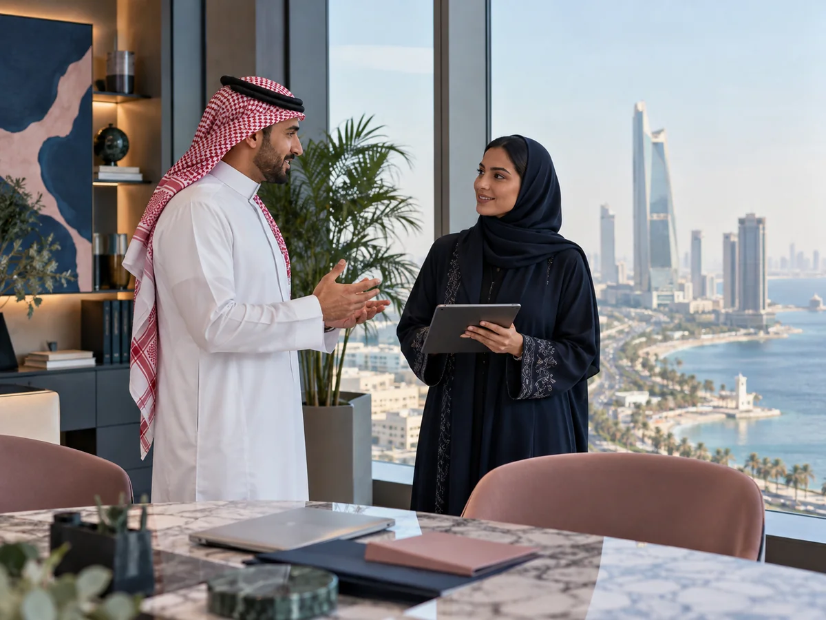 Illustration of Saudi professionals discussing a partnership