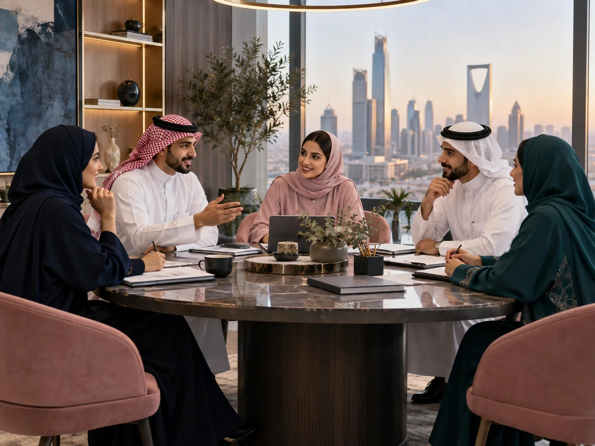Illustration of a Saudi team collaborating on a project