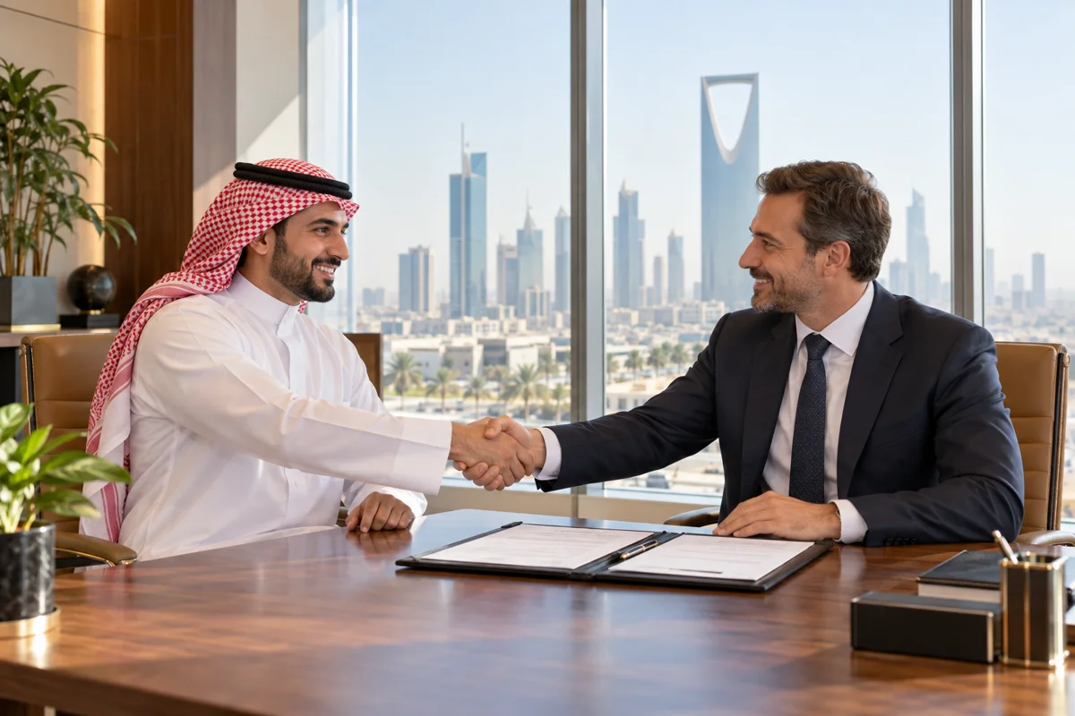 Illustration of Saudi and international business professionals finalizing a company formation agreement