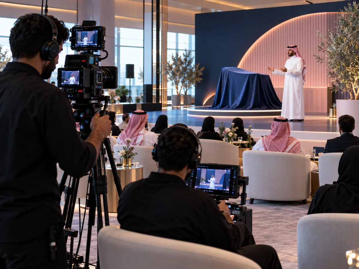 Illustration of a camera crew covering a product launch