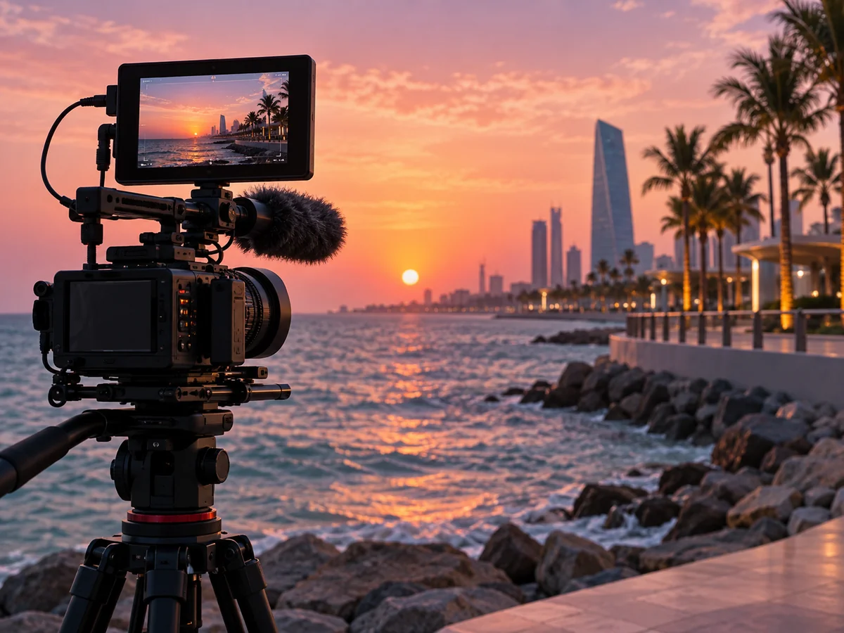 Illustration of a camera rig filming a coastal destination