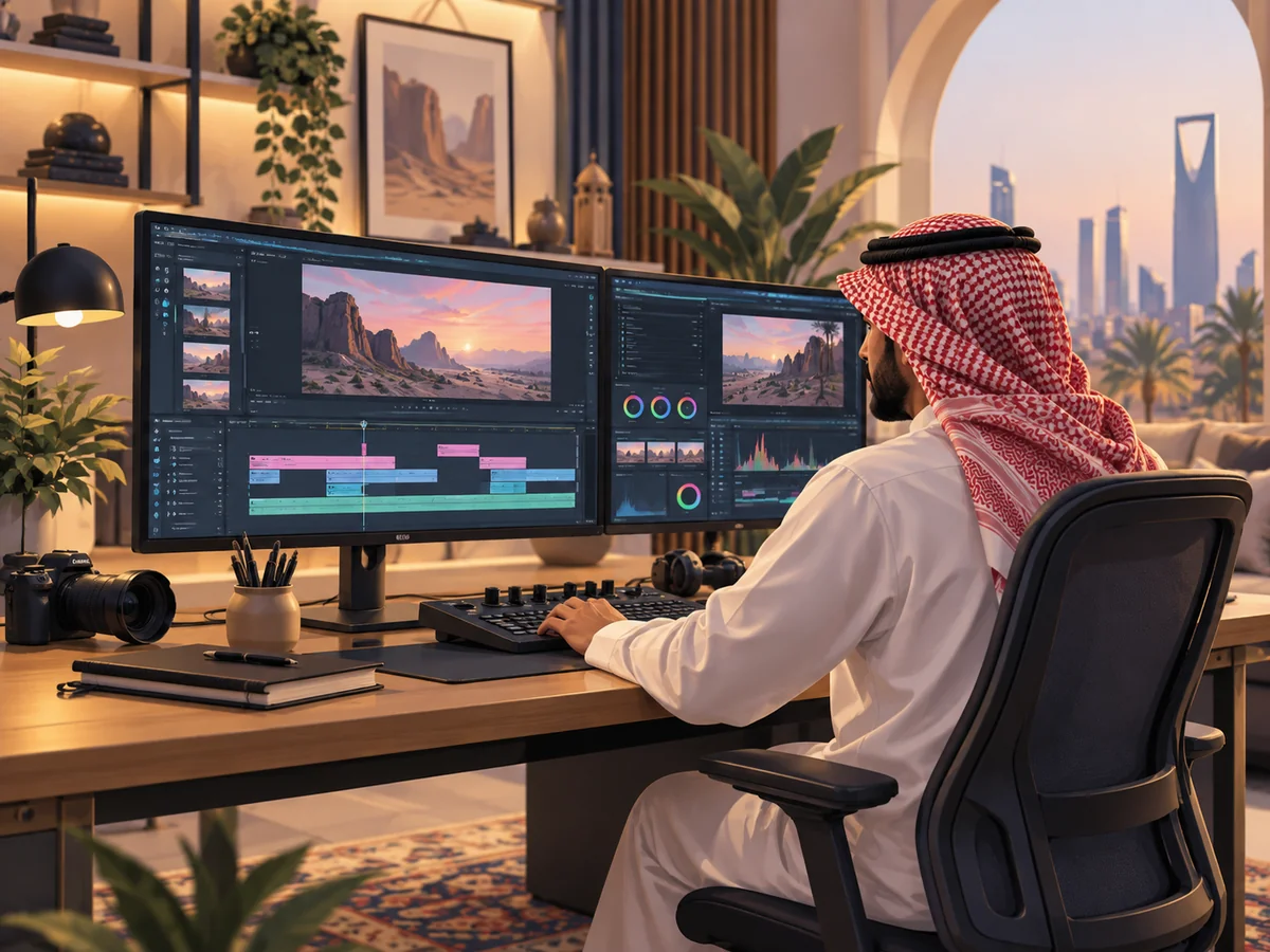 Illustration of a professional video editing & post-production workspace