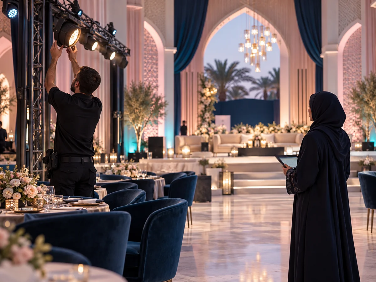 Illustration of a production team preparing an event venue