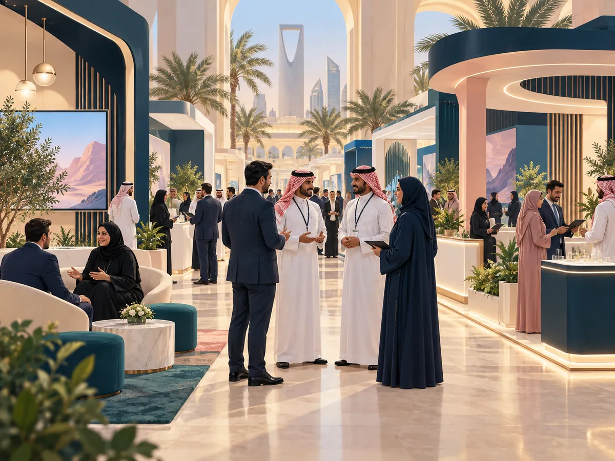 Illustration of visitors networking at a Saudi trade exhibition