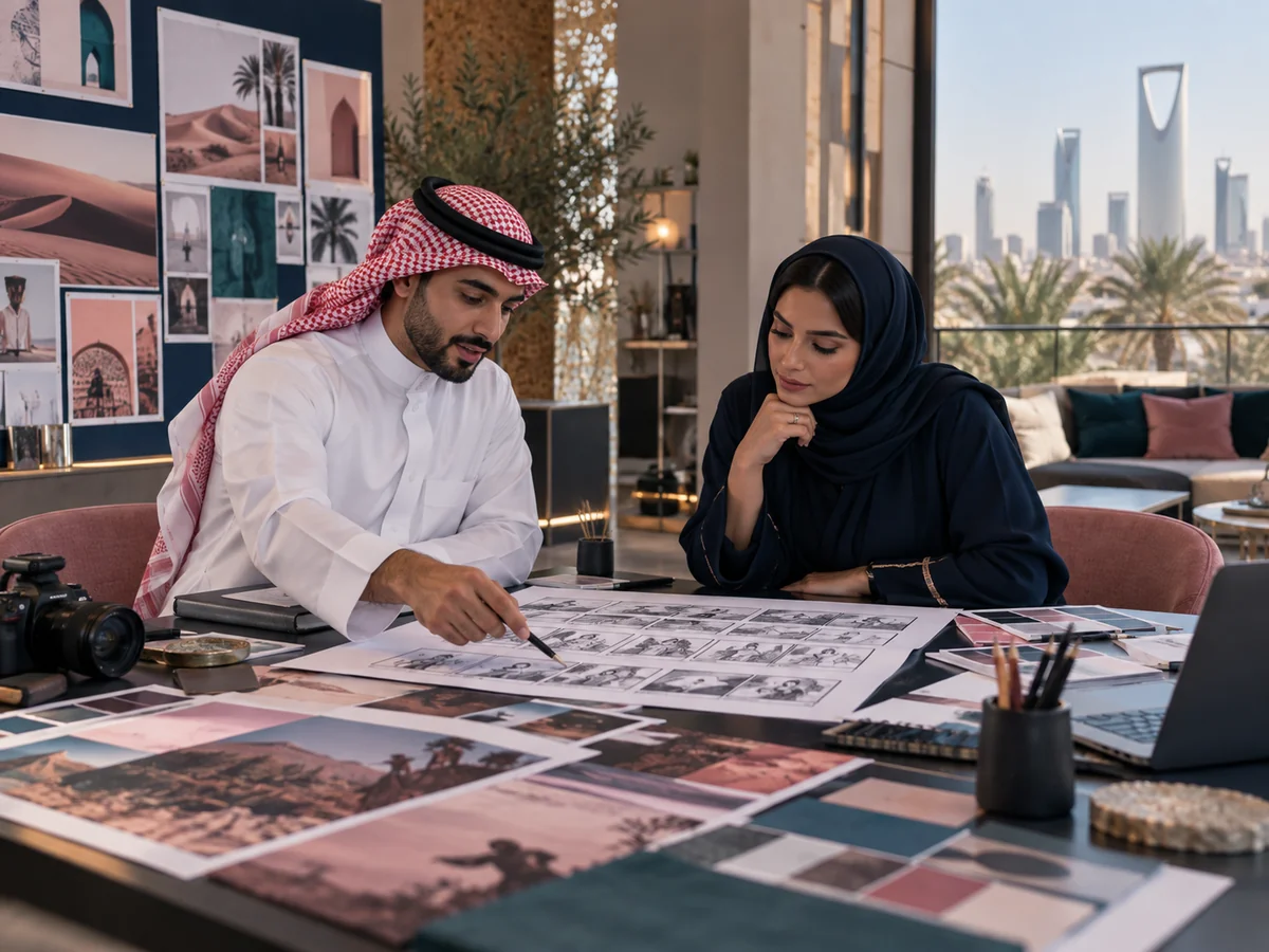 Illustration of a creative team reviewing a storyboard