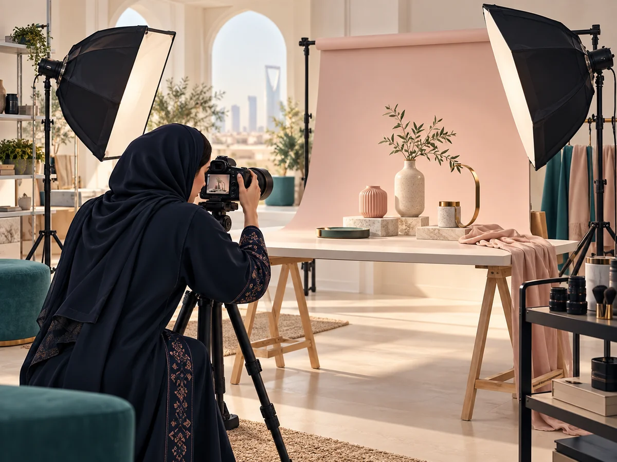 Illustration of a professional photography workspace